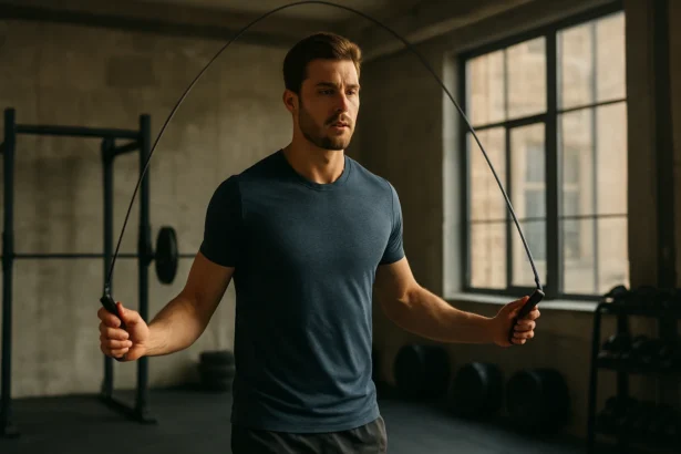 Muž skáče na švihadle v posilňovni, cvičenie a zlepšenie kondície
