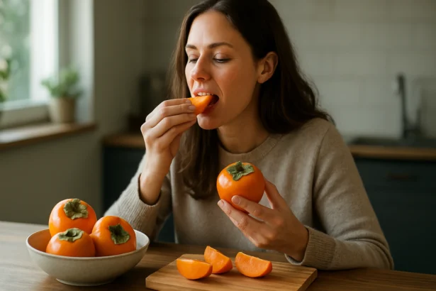 Žena si užíva zdravé ovocie kaki v modernej kuchyni.