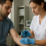 Lekár podáva heparín pacientovi na zníženie rizika krvných zrazenín.