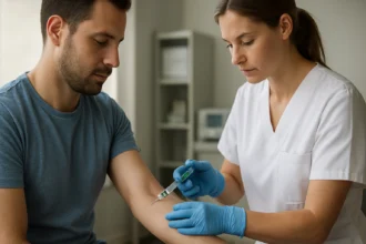 Lekár podáva heparín pacientovi na zníženie rizika krvných zrazenín.