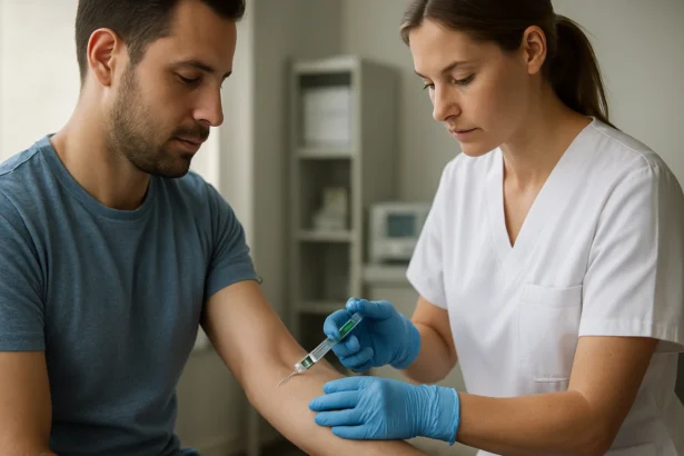 Lekár podáva heparín pacientovi na zníženie rizika krvných zrazenín.