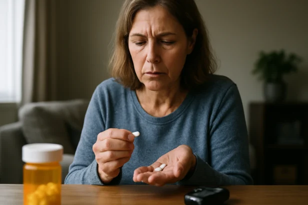 Žena s liekmi metformín na kontrolu cukrovky