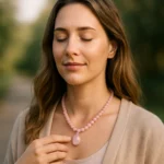 Mladá žena s ruženínovým náhrdelníkom, zamyslená a spokojná.