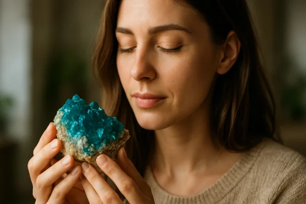 Žena drží dioptáz a cíti jeho energiu a harmóniu.