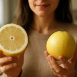 Žena drží biely grapefruit a polovicu citróna v ruke