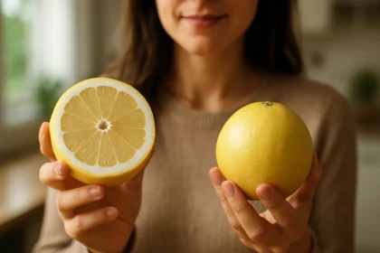 Žena drží biely grapefruit a polovicu citróna v ruke