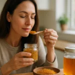 Žena skúša sušený peľ, bohatý na vitamíny a minerály.