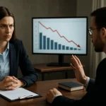 Žena v obleku a muž diskutujú o hospodárskych dopadoch a reguláciách.