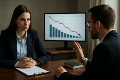 Žena v obleku a muž diskutujú o hospodárskych dopadoch a reguláciách.