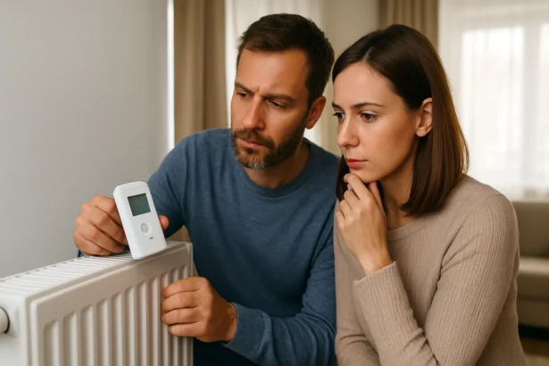 Pár skúma individuálny merač tepla na vykurovaní.
