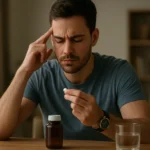 Muž zvažuje užitie Alpha GPC nootropika pre zlepšenie koncentrácie.