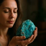 Žena s turkinitským kryštálom, symbolizujúcim duchovné a fyzické uzdravenie.