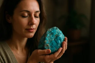 Žena s turkinitským kryštálom, symbolizujúcim duchovné a fyzické uzdravenie.