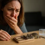 Žena reaguje na mŕtvu myš v pasci s obavami o zdravie.