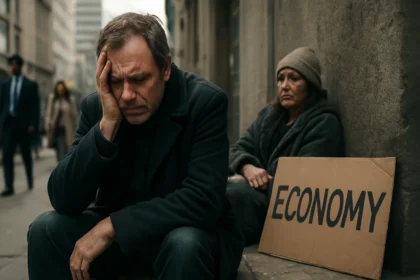 Muži a ženy na ulici s výrazom beznádeje a nápisom ekonomika.