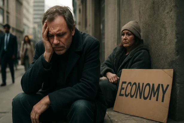 Muži a ženy na ulici s výrazom beznádeje a nápisom ekonomika.
