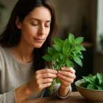 Žena skúma čerstvú bylinku, symbol prirodzeného zdravia.