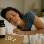 Žena spí v posteli vedľa melatonínu na nočnom stolíku.