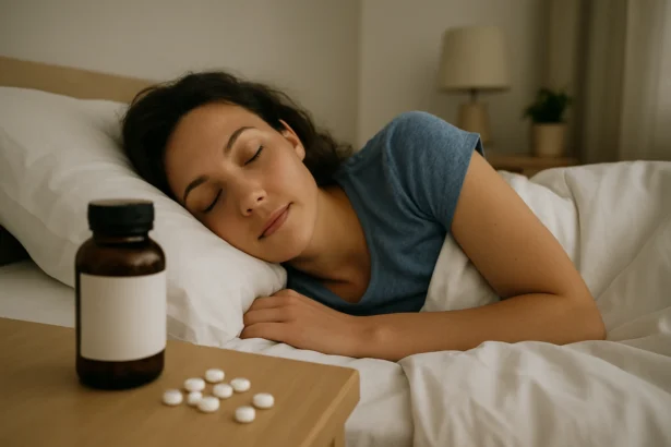 Žena spí v posteli vedľa melatonínu na nočnom stolíku.