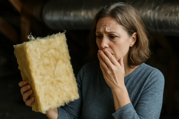 Žena sa obáva sklených vlákien v izolácii, ktorá môže ohroziť zdravie.