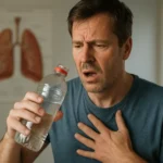 Muž s problémami s dýchaním a fľašou vody v ruke.