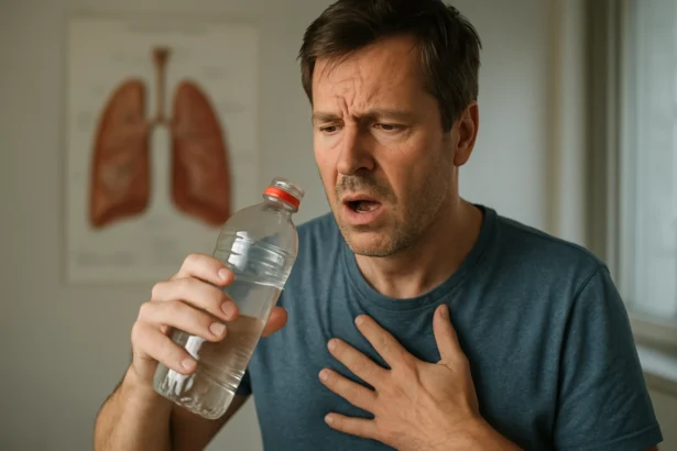 Muž s problémami s dýchaním a fľašou vody v ruke.