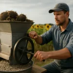 Farmár using a sunflower seed peeling machine in a field.