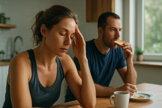 Žena s úzkosťou pri stole počas pôstu, muž jedí chleba.