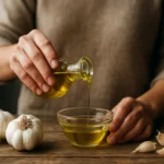 Ruky nalievajúce cesnakový olej do misky vedľa cesnaku