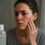 Žena s podráždenou pokožkou skúma vplyv laurylsíran sodného.