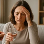 Žena trpiaca bolesťami hlavy s pohárom vody v ruke