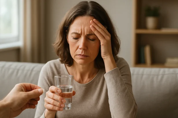 Žena trpiaca bolesťami hlavy s pohárom vody v ruke