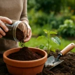 Žena s kávovou usadeninou hnojí rastlinu v záhrade.