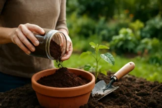 Žena s kávovou usadeninou hnojí rastlinu v záhrade.
