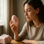 Žena sústredene pozoruje mangán-kalcitový kameň na stole.