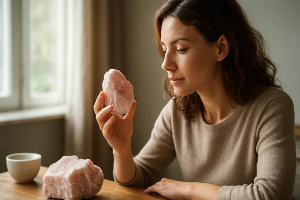 Žena sústredene pozoruje mangán-kalcitový kameň na stole.