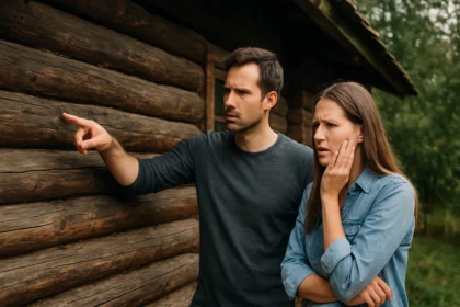 Pár analyzujúci stav drevenice pred kúpou.