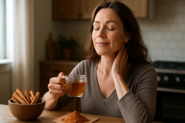 Žena si vychutnáva škoricový čaj a teší sa z jeho účinkov.