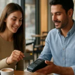 Mladý pár platí pomocou CI karty v kaviarni.