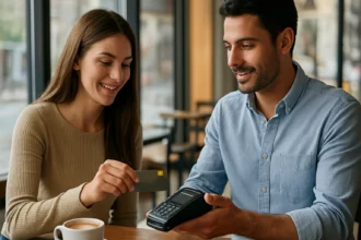 Mladý pár platí pomocou CI karty v kaviarni.