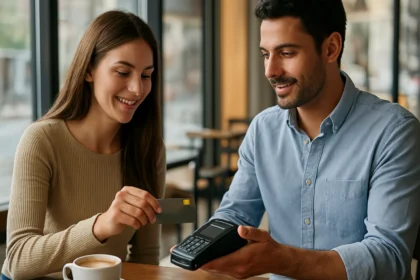 Mladý pár platí pomocou CI karty v kaviarni.