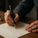 Osoba píše s plniacim perom na papieri