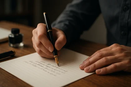 Osoba píše s plniacim perom na papieri