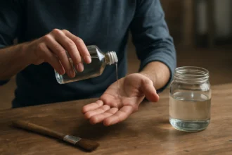 Osoba nalievajúca terpentín do dlane na drevenom stole