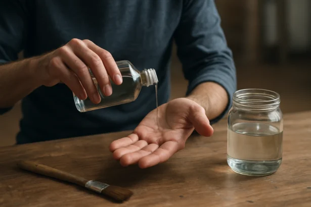 Osoba nalievajúca terpentín do dlane na drevenom stole