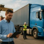 Muž v košeli s tabletom pri nákladnom aute a prístave