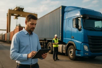 Muž v košeli s tabletom pri nákladnom aute a prístave