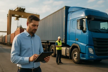 Muž v košeli s tabletom pri nákladnom aute a prístave