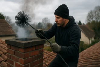 Muž čistí komín na streche domu s kefou.