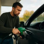 Muž tankujúci prémiový benzín 98 do auta na čerpacej stanici.